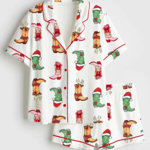 Women's Western Grinch Cowgirl Boots Christmas Short Sleeve Satin Pajama Set