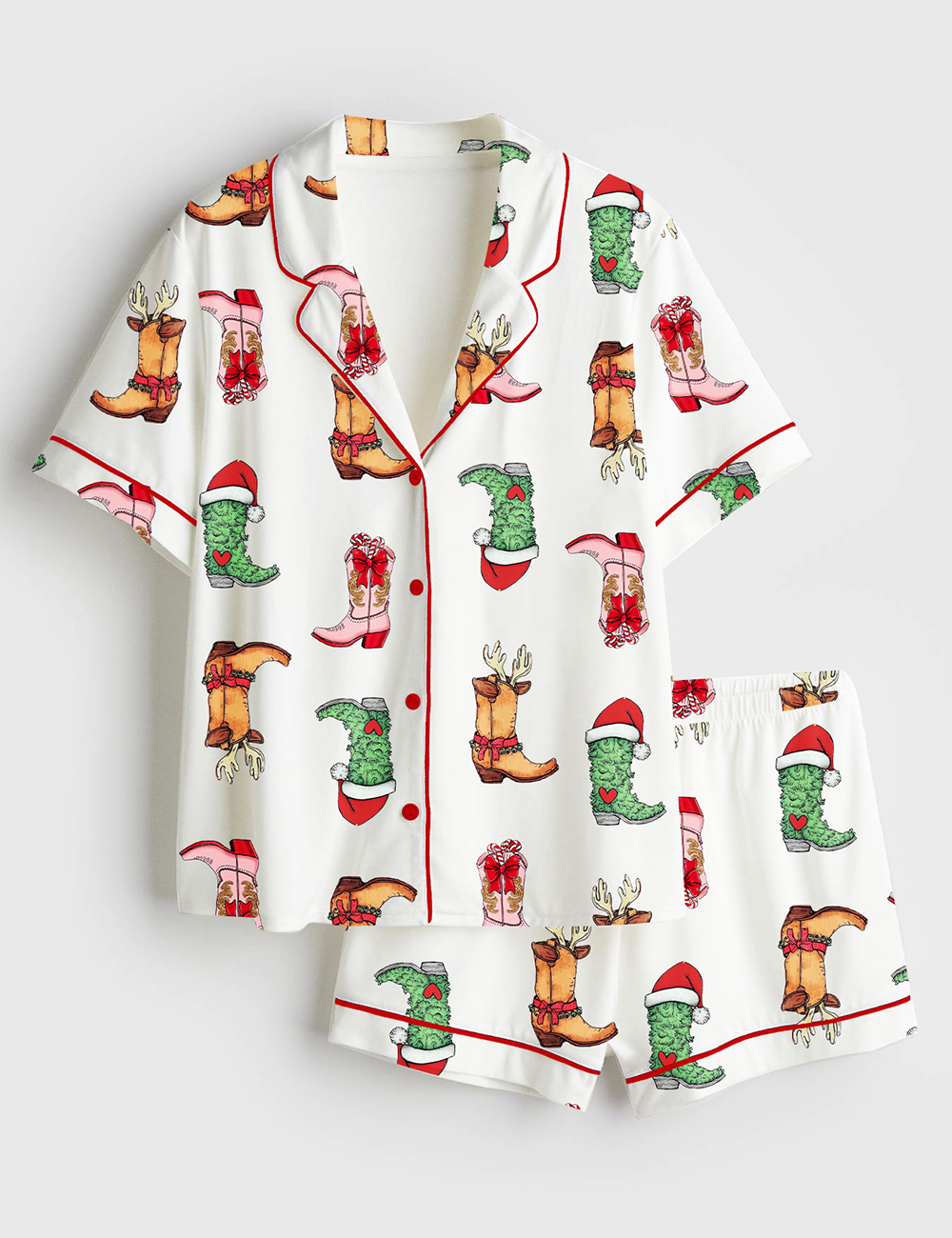 Women's Western Grinch Cowgirl Boots Christmas Short Sleeve Satin Pajama Set