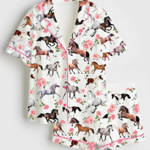 Women's Western Kentucky Derby 151st Run For The Roses Horse Racing Lover Print Short Sleeve Satin Pajama Set