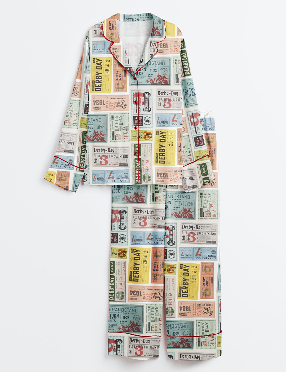 Women's Western Kentucky Derby Day Vintage Tickets 151st Run For The Horse Print Long Sleeve Satin Pajamas Set