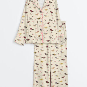 Women's Western Kentucky Derby Party Talk Derby to Me Racing Horses Print Long Sleeve Satin Pajama Set