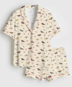Women's Western Kentucky Derby Party Talk Derby to Me Racing Horses Print Short Sleeve Satin Pajama Set