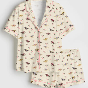 Women's Western Kentucky Derby Party Talk Derby to Me Racing Horses Print Short Sleeve Satin Pajama Set