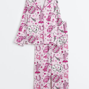 Womenâ€™s Western Pink Barbie Retro Long Sleeve Satin Pajama Set