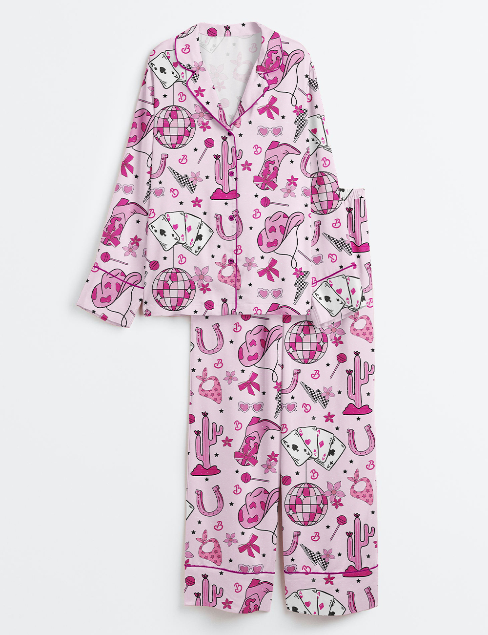 Womenâ€™s Western Pink Barbie Retro Long Sleeve Satin Pajama Set