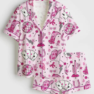 Women's Western Pink Barbie Retro Short Sleeve Satin Pajama Set