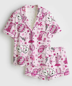 Women's Western Pink Barbie Retro Short Sleeve Satin Pajama Set