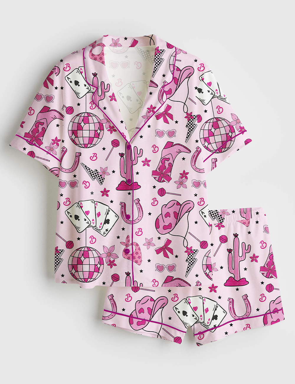 Womenâ€™s Western Pink Barbie Retro Short Sleeve Satin Pajama Set