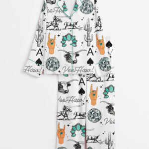 Womenâ€™s Western Things Sublimation Cowgirl Spade Rodeo Western Print Long Sleeve Satin Pajama Set