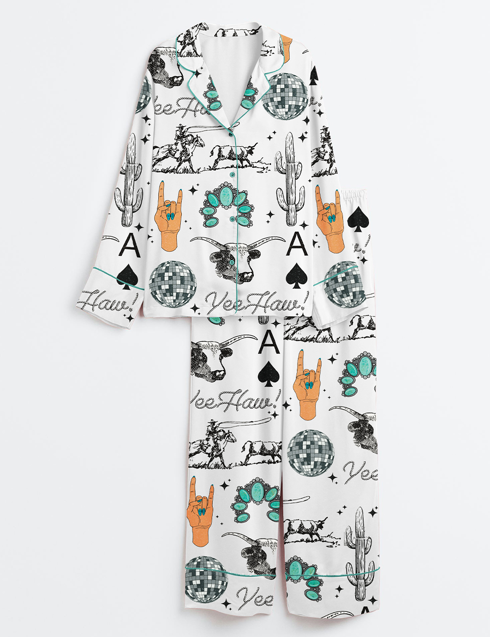 Womenâ€™s Western Things Sublimation Cowgirl Spade Rodeo Western Print Long Sleeve Satin Pajama Set