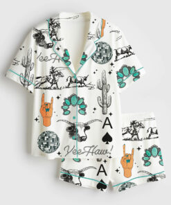 Women's Western Things Sublimation Cowgirl Spade Rodeo Western Print Short Sleeve Satin Pajama Set