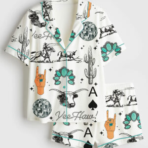 Womenâ€™s Western Things Sublimation Cowgirl Spade Rodeo Western Print Short Sleeve Satin Pajama Set