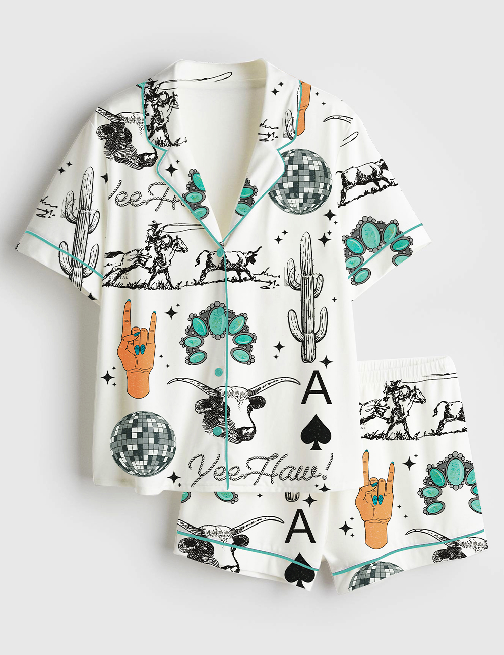 Womenâ€™s Western Things Sublimation Cowgirl Spade Rodeo Western Print Short Sleeve Satin Pajama Set