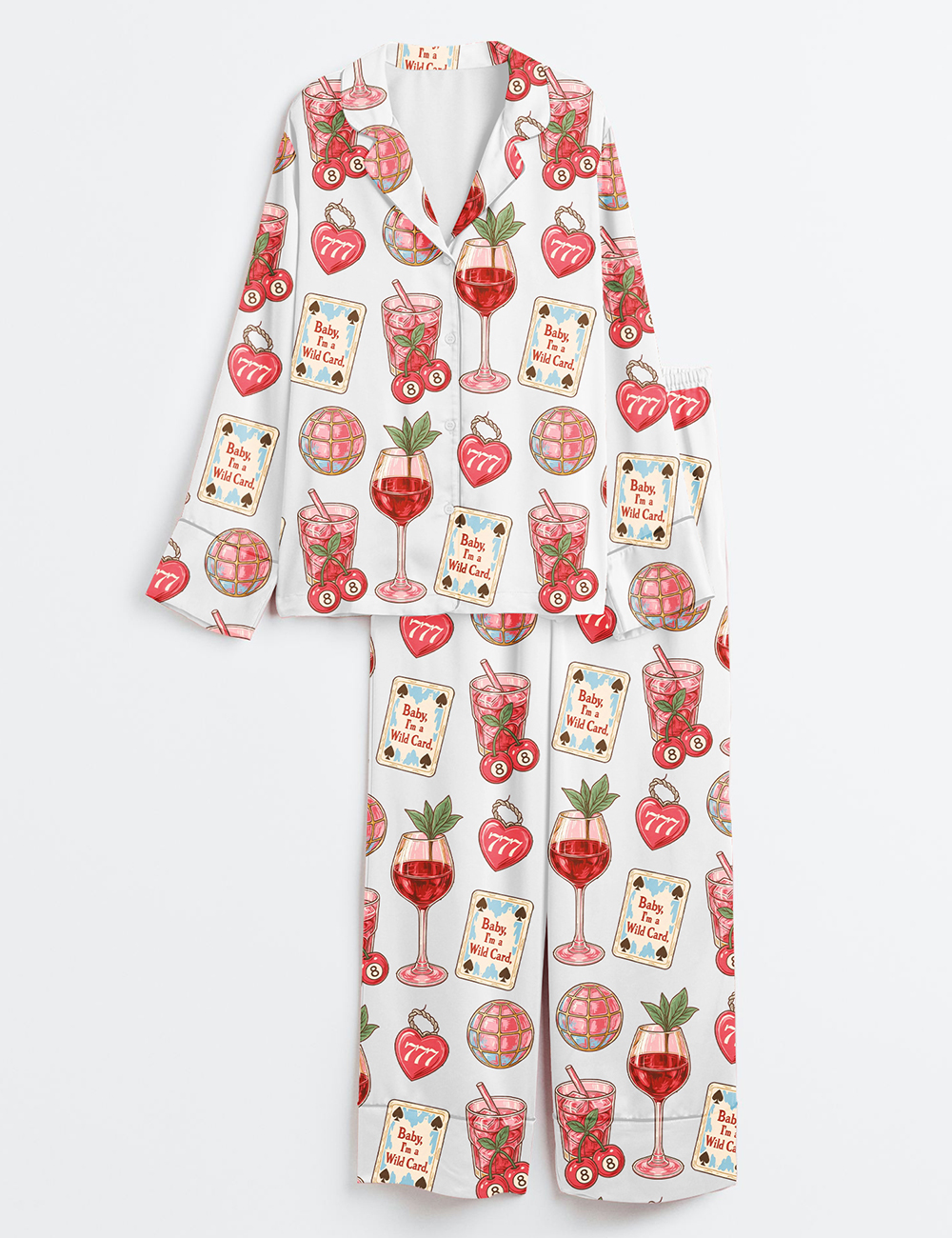 Womenâ€™s Western Wild Card Cherry Retro Coquette Western Collage Trendy Western Print Long Sleeve Satin Pajama Set