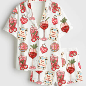 Women's Western Wild Card Cherry Retro Coquette Western Collage Trendy Western Print Short Sleeve Satin Pajama Set