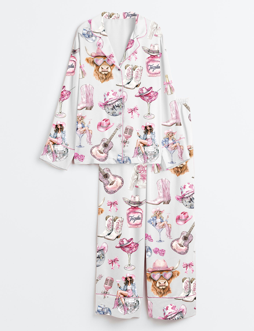 Women's WesternÂ CowgirlÂ Highland Cow Long Sleeve Satin Pajama Set