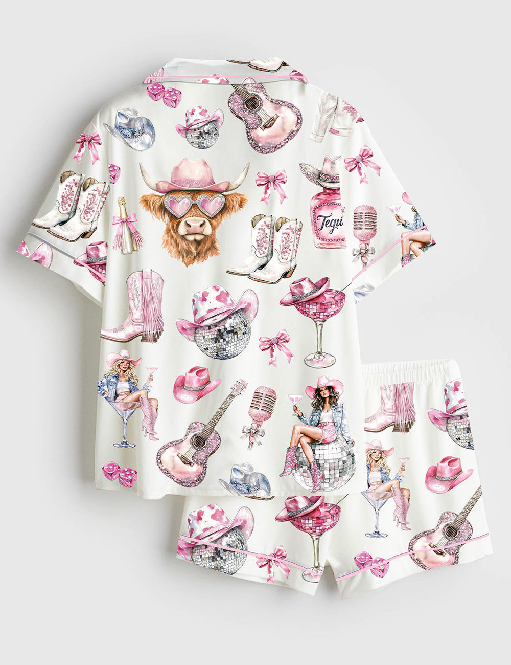 Women's Western Cowgirl Highland Cow Short Sleeve Satin Pajama Set - Image 2