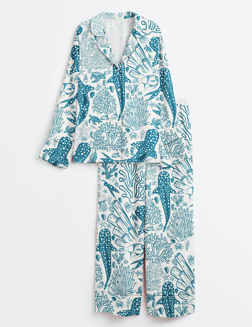 Women's Whale Shark Coral Reef Ocean Coastal Marine Summer Beach Vibes Print Long Sleeve Satin Pajama Set