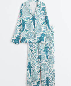 Women's Whale Shark Coral Reef Ocean Coastal Marine Summer Beach Vibes Print Long Sleeve Satin Pajama Set