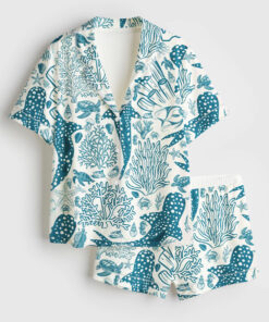 Women's Whale Shark Coral Reef Ocean Coastal Marine Summer Beach Vibes Print Short Sleeve Satin Pajama Set