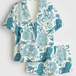 Womenâ€™s Whale Shark Coral Reef Ocean Coastal Marine Summer Beach Vibes Print Short Sleeve Satin Pajama Set