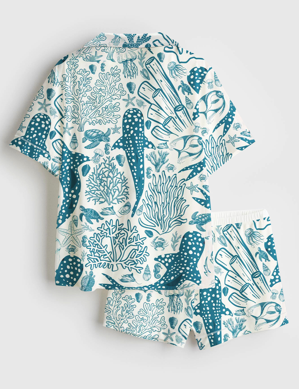 Women's Whale Shark Coral Reef Ocean Coastal Marine Summer Beach Vibes Print Short Sleeve Satin Pajama Set - Image 2