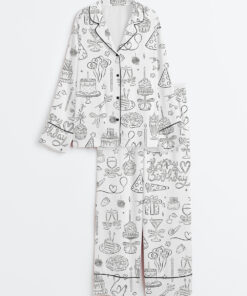 Women's Whimsical Birthday Hand Drawn Birthday Illustrations Party Doodles Birthday Celebration Long Sleeve Satin Pajama Set