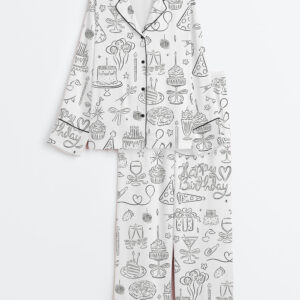 Womenâ€™s Whimsical Birthday Hand Drawn Birthday Illustrations Party Doodles Birthday Celebration Long Sleeve Satin Pajama Set