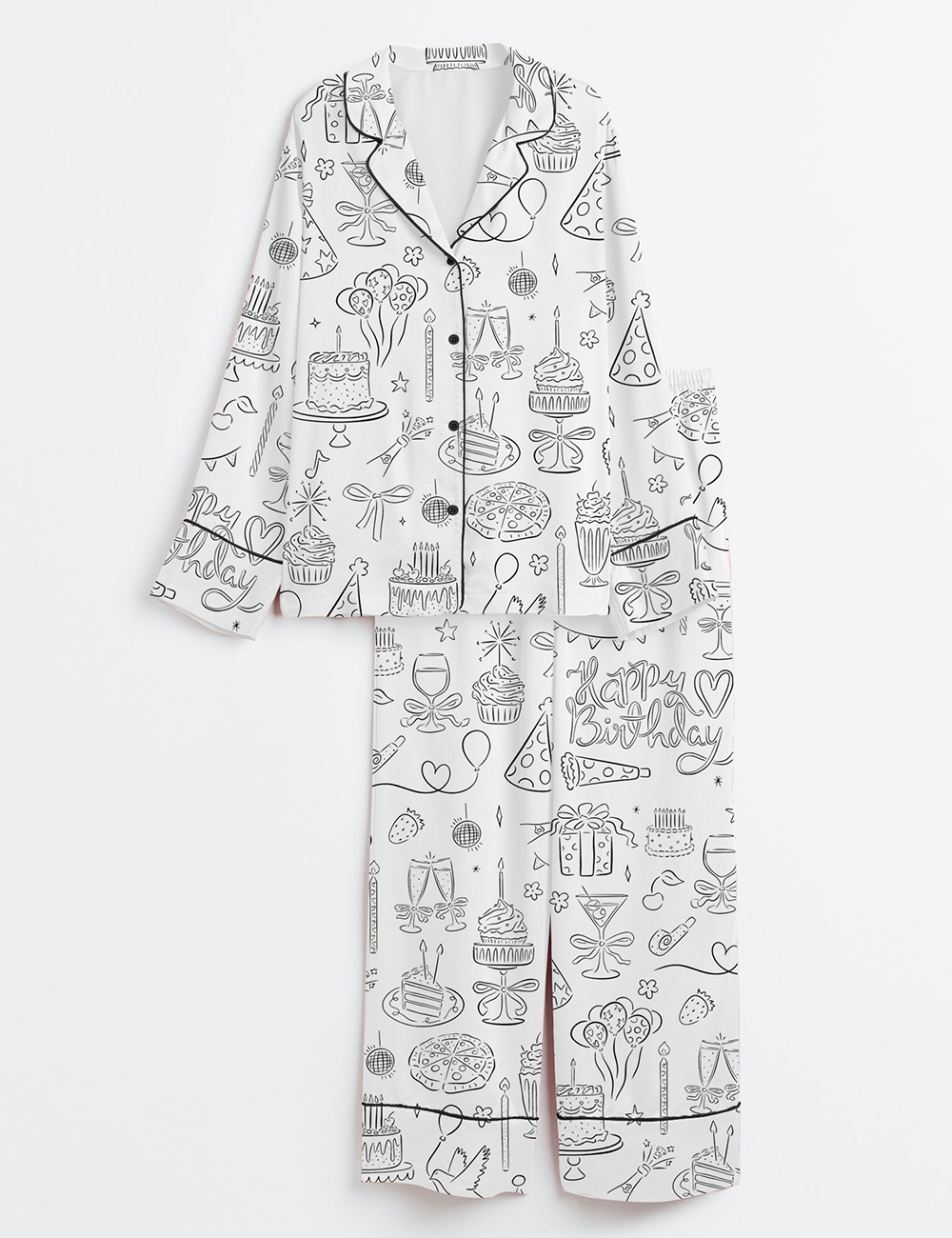 Womenâ€™s Whimsical Birthday Hand Drawn Birthday Illustrations Party Doodles Birthday Celebration Long Sleeve Satin Pajama Set