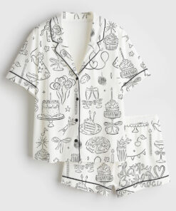 Women's Whimsical Birthday Hand Drawn Birthday Illustrations Party Doodles Birthday Celebration Short Sleeve Satin Pajama Set