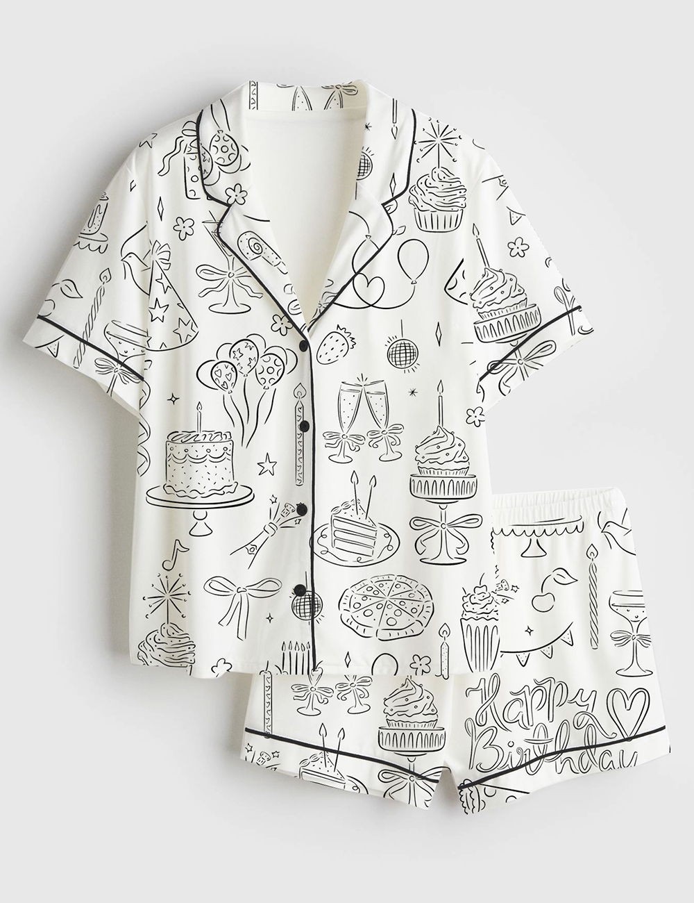 Womenâ€™s Whimsical Birthday Hand Drawn Birthday Illustrations Party Doodles Birthday Celebration Short Sleeve Satin Pajama Set