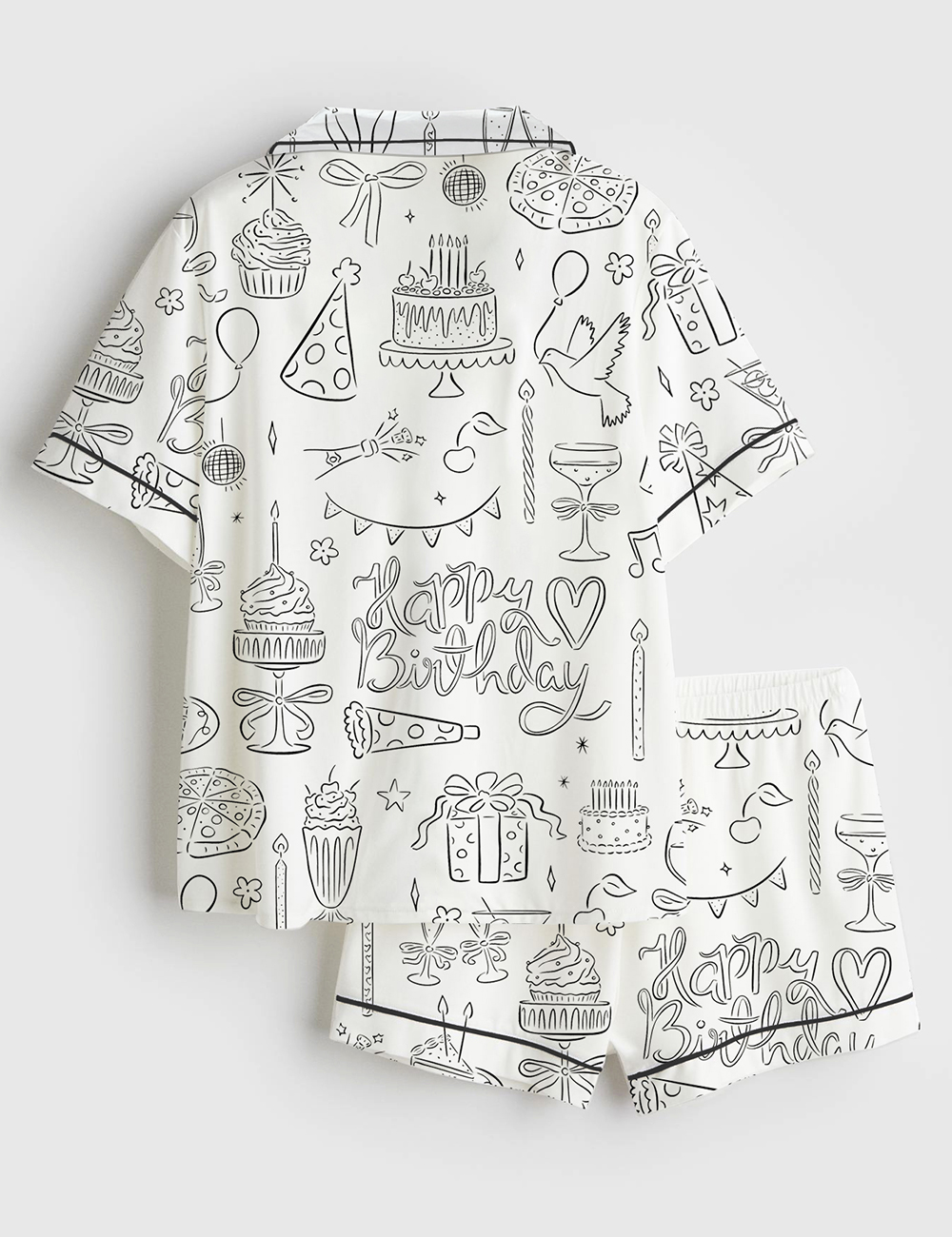 Women's Whimsical Birthday Hand Drawn Birthday Illustrations Party Doodles Birthday Celebration Short Sleeve Satin Pajama Set - Image 2