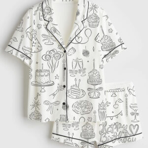 Women's Whimsical Birthday Hand Drawn Birthday Illustrations Party Doodles Birthday Celebration Short Sleeve Satin Pajama Set