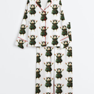 Women's Whimsical Cat Christmas Tree Cute Cat Lover Long Sleeve Satin Pajamas Set
