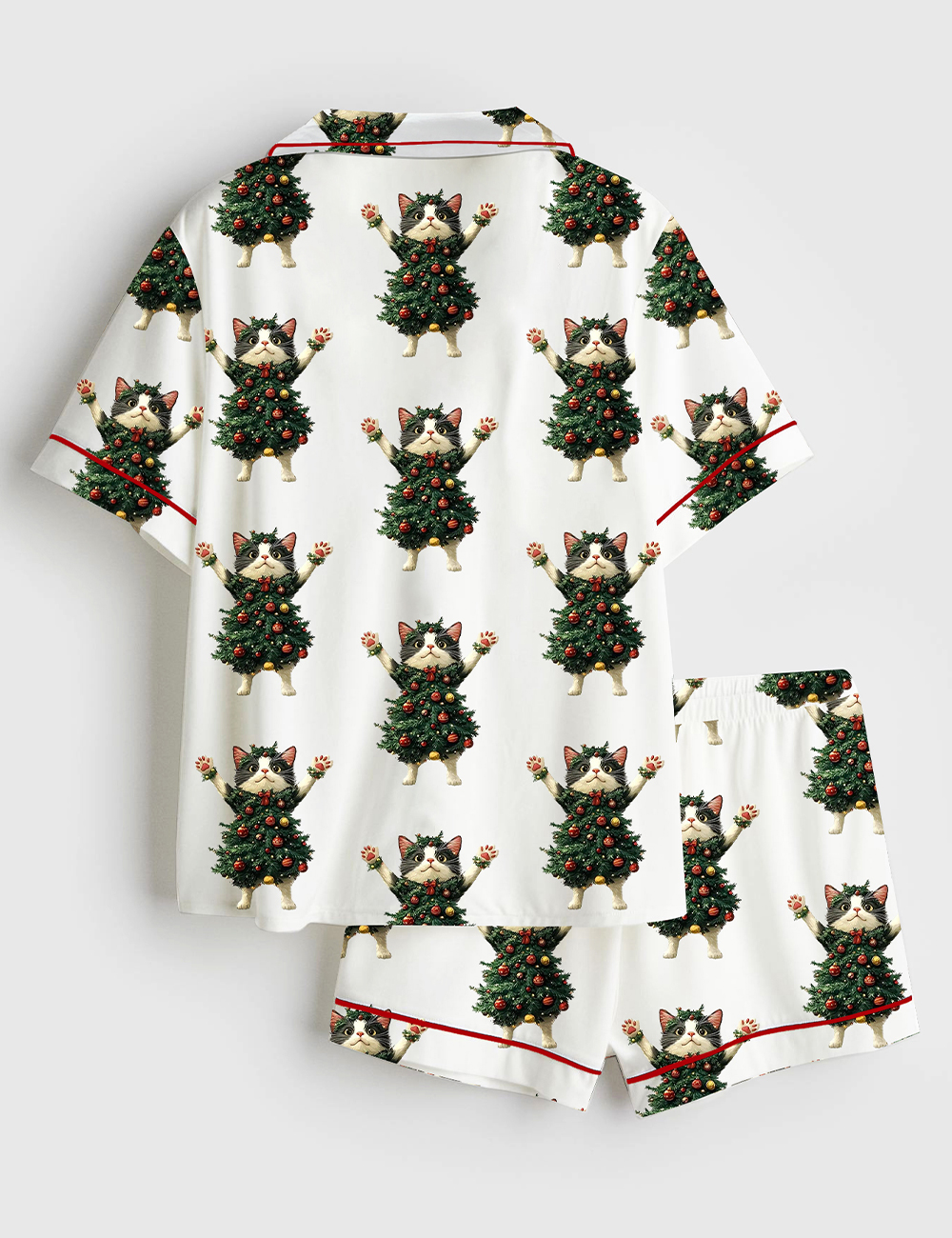 Women's Whimsical Cat Christmas Tree Cute Cat Lover Short Sleeve Satin Pajama Set - Image 2