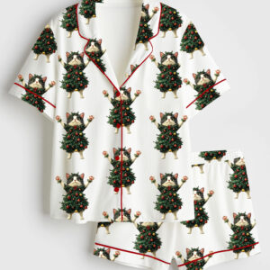 Women's Whimsical Cat Christmas Tree Cute Cat Lover Short Sleeve Satin Pajama Set