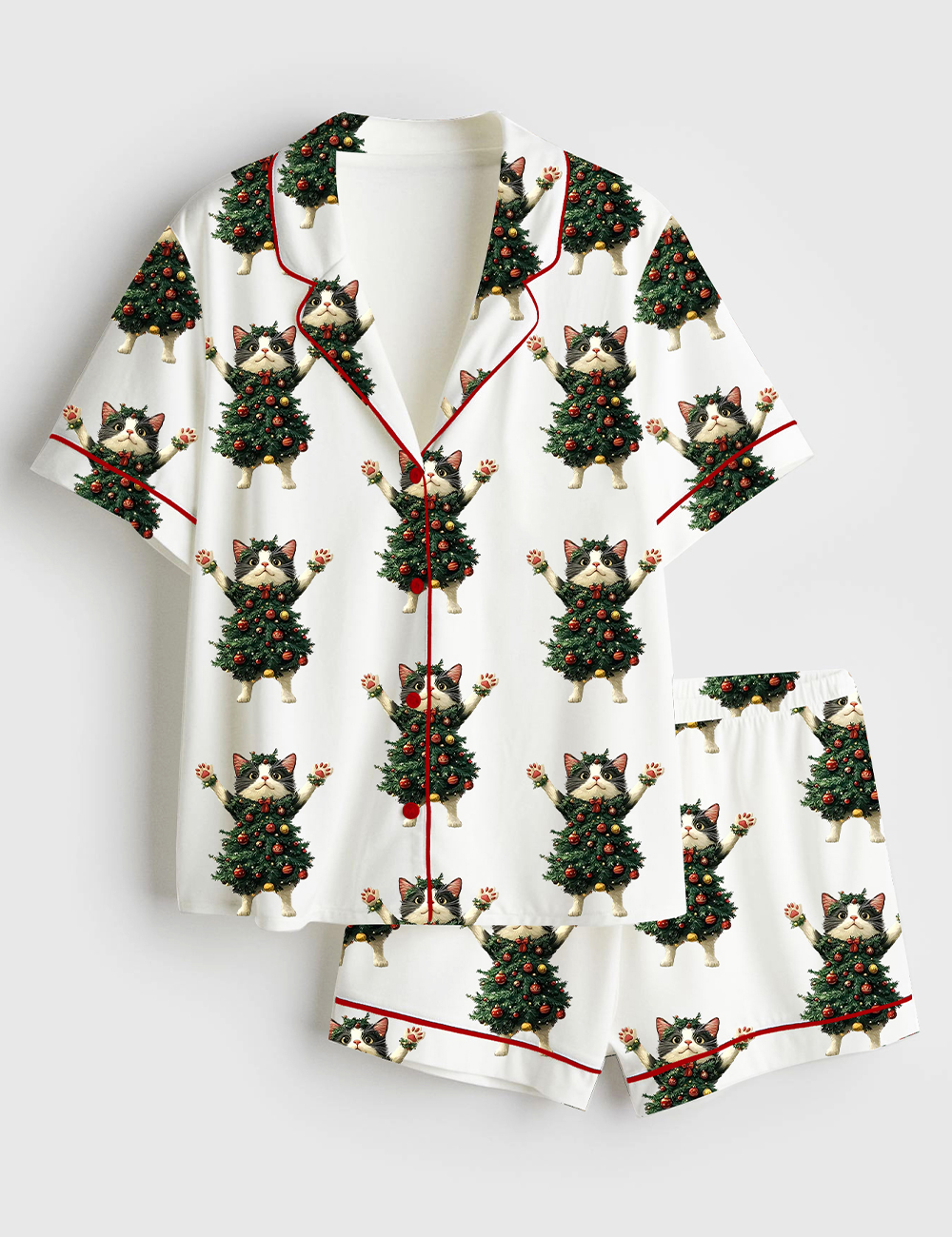 Women's Whimsical Cat Christmas Tree Cute Cat Lover Short Sleeve Satin Pajama Set