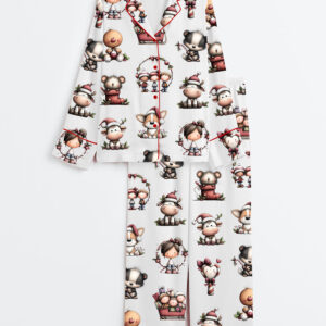 Womenâ€™s Whimsical Christmas Animals Cute Holiday Christmas Elf Long Sleeve Satin Pajama Set