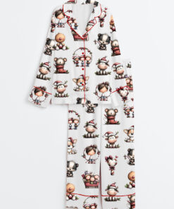 Women's Whimsical Christmas Animals Cute Holiday Christmas Elf Long Sleeve Satin Pajamas Set