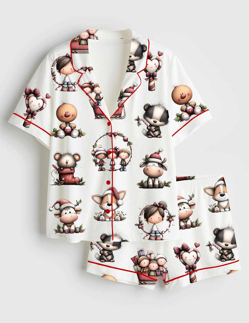 Women's Whimsical Christmas Animals Cute Holiday Christmas Elf Short Sleeve Satin Pajama Set