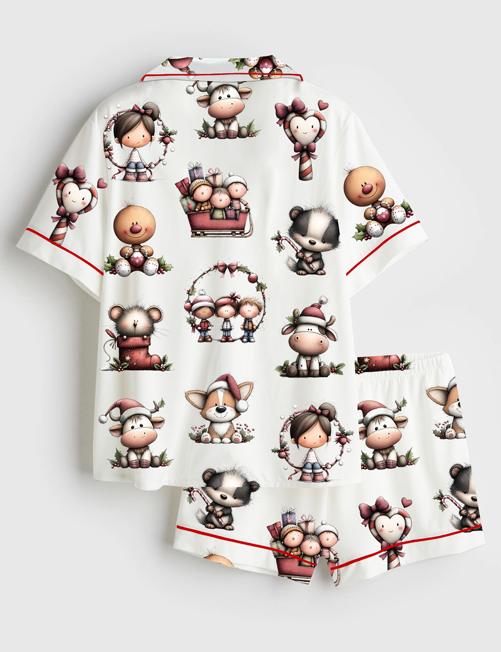 Women's Whimsical Christmas Animals Cute Holiday Christmas Elf Short Sleeve Satin Pajama Set - Image 2