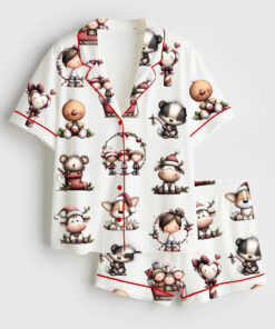 Women's Whimsical Christmas Animals Cute Holiday Christmas Elf Short Sleeve Satin Pajama Set