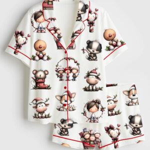 Womenâ€™s Whimsical Christmas Animals Cute Holiday Christmas Elf Short Sleeve Satin Pajama Set