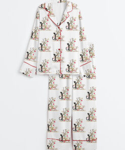 Women's Whimsical Christmas Cats Watercolor Catmas Cat Lover Long Sleeve Satin Pajama Set