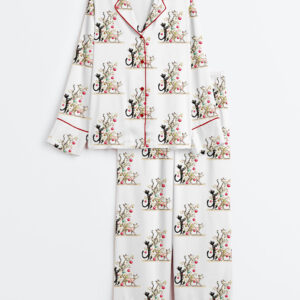 Women's Whimsical Christmas Cats Watercolor Catmas Cat Lover Long Sleeve Satin Pajamas Set