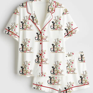 Women's Whimsical Christmas Cats Watercolor Catmas Cat Lover Short Sleeve Satin Pajama Set