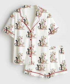Women's Whimsical Christmas Cats Watercolor Catmas Cat Lover Short Sleeve Satin Pajama Set