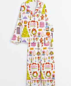 Women's Whimsical Christmas Hand Drawn Xmas Cozy Winter Long Sleeve Satin Pajama Set