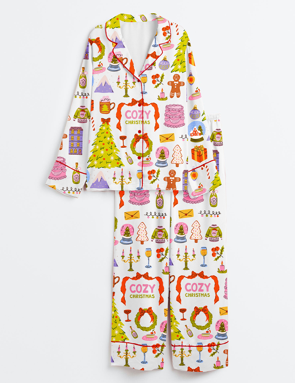 Womenâ€™s Whimsical Christmas Hand Drawn Xmas Cozy Winter Long Sleeve Satin Pajama Set