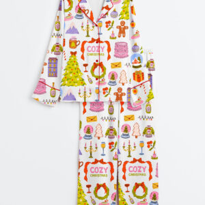 Women's Whimsical Christmas Hand Drawn Xmas Cozy Winter Long Sleeve Satin Pajama Set